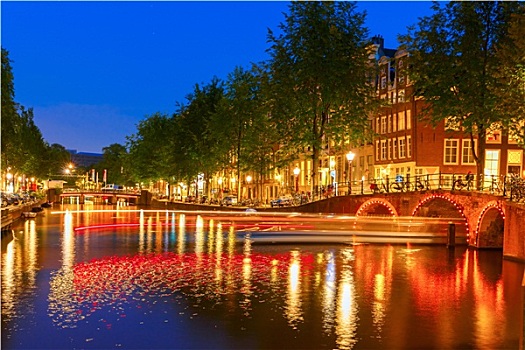 夜晚,城市风光,阿姆斯特丹,运河,发光,船