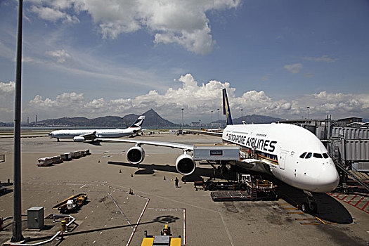 中国,香港国际机场,新加坡,航线,空中客车,a380,飞机,停靠,航站楼