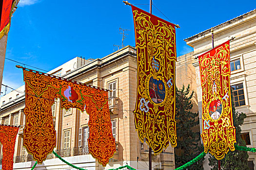 旗帜,庆贺,节日,瓦莱塔市,马耳他,城市,巴洛克式建筑,世界遗产,大幅,尺寸