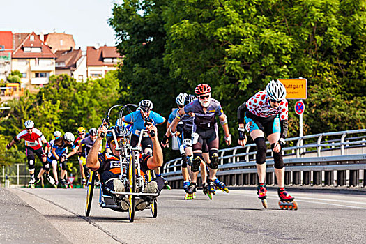 德国,巴登符腾堡,斯图加特,一半,马拉松,直排轮,竞赛用车,直排轮滑,运动,活动