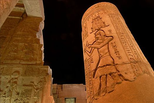 康翁波神庙,夜晚,象形文字,埃及,北非