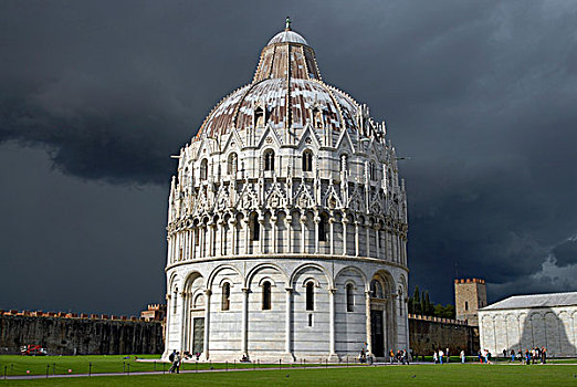 洗礼堂,广场,中央教堂,暗色,云,比萨,托斯卡纳,意大利,欧洲