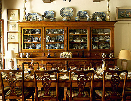 传统,餐厅,桌子,椅子,老式,柜子,展示,收集