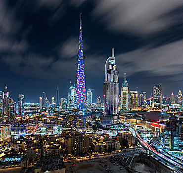 城市,迪拜,阿联酋,黄昏,哈利法,摩天大楼,光亮,建筑,中心