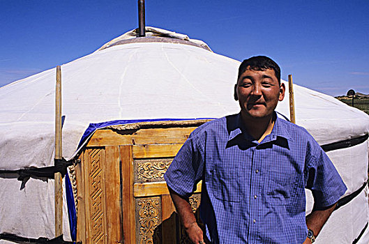 蒙古,游牧,社区,蒙古包,牧场,站立,男人,正面,独特,房子
