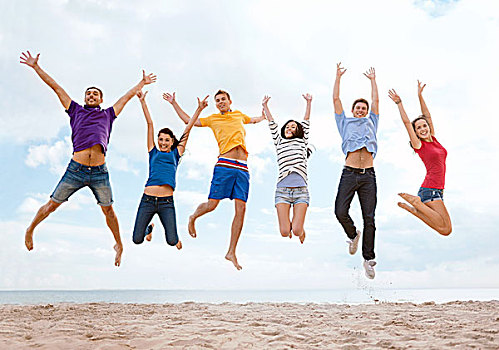 夏天,休假,度假,高兴,人,概念,群体,朋友,跳跃,海滩