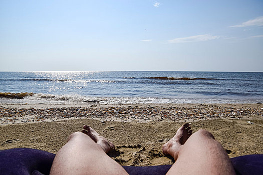 腿,一个,男人,海滩,背景,卧,休息,框