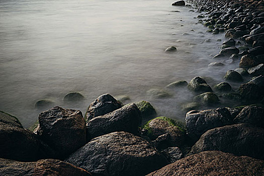 石头,海岸,早晨,黎明,平滑,波浪,长时间曝光,图像