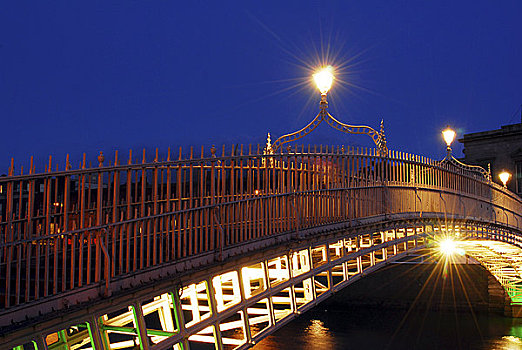 爱尔兰,都柏林,桥,光亮,夜晚
