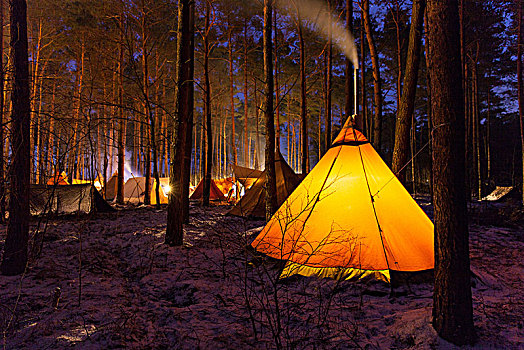 圆锥形帐篷,树林,光亮,夜晚
