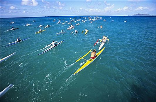 夏威夷,瓦胡岛,桨手,比赛,一个,舷外支架,独木舟,海洋,无肖像权