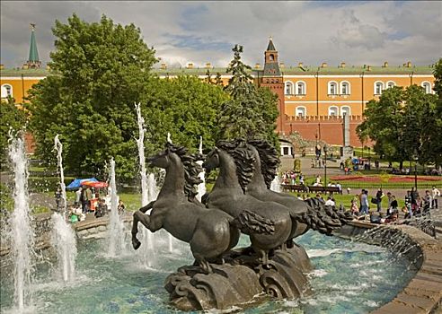 公园,马,喷泉,花园,道路,莫斯科,俄罗斯,东欧,欧洲