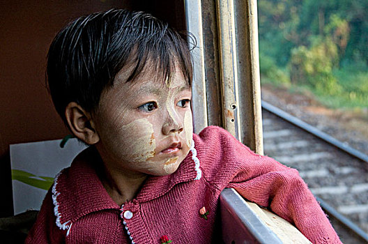 缅甸,女孩,看,列车,窗户