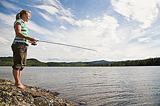 女青年,钓鱼,湖