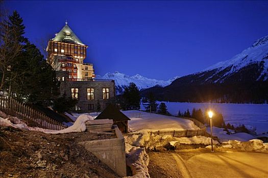 酒店,宫殿,风景,顶峰,晚上,恩加丁,格劳宾登州,瑞士