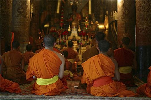 晚间,祈祷,僧侣,庙宇,桶,皮质带,琅勃拉邦,老挝