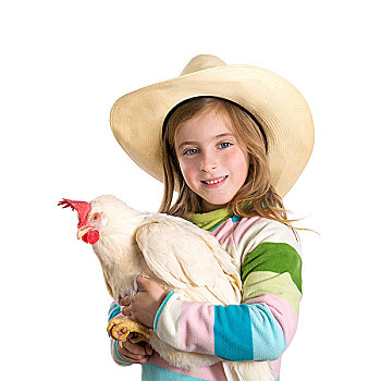 金发,儿童,女孩,农民,拿着,白人,母鸡,手臂,牛仔帽