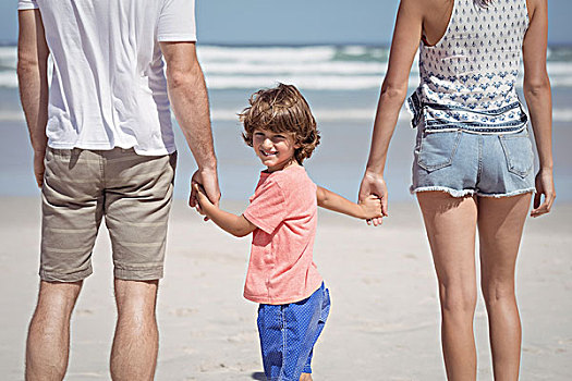 男孩,头像,握手,父母,海滩,站立