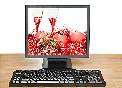 红色,球,眼镜,显示屏,台式电脑