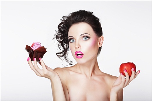 节食,不确定,困惑,女孩,选择,苹果,蛋糕