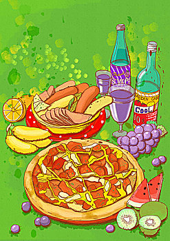插画,比萨饼,香肠,水果