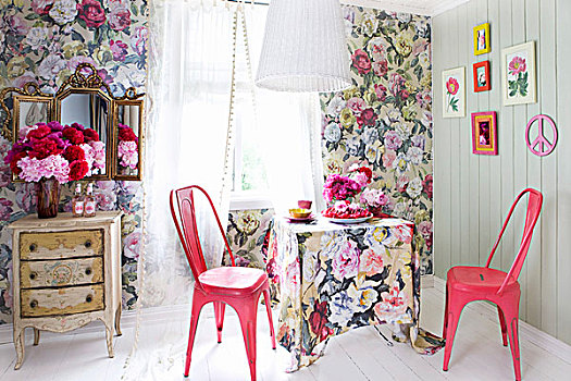 花,壁纸,相配,桌布,粉色,复古,金属,椅子,牡丹,旧式,柜子,镜子,一个