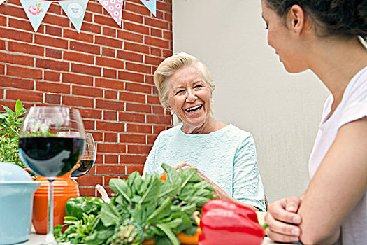 两个女人,交谈,做饭,花园桌