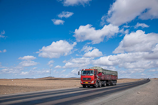 奔驰在新疆g216线国道上的大货车