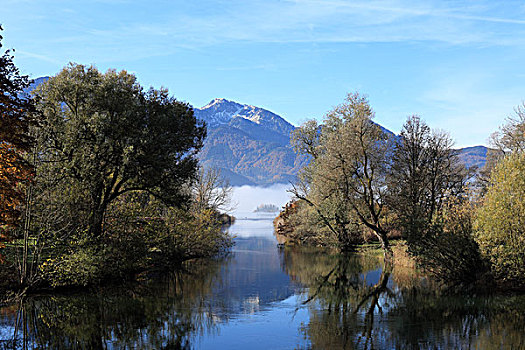 洛伊萨赫河,科赫尔湖,湖,早晨,雾,背影,山,上巴伐利亚,巴伐利亚,德国,欧洲