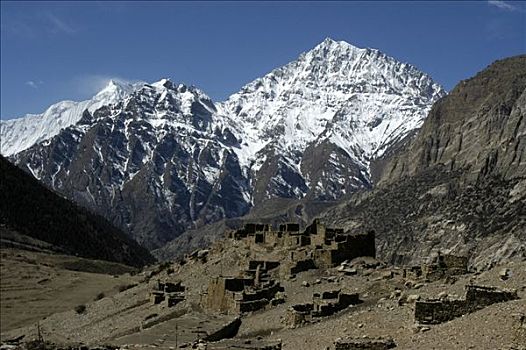 散开,石头,房子,正面,雪山,顶峰,安娜普纳地区,尼泊尔