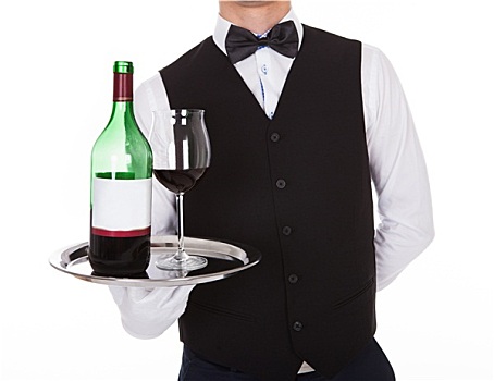 服务员,拿着,托盘,红酒杯,瓶子