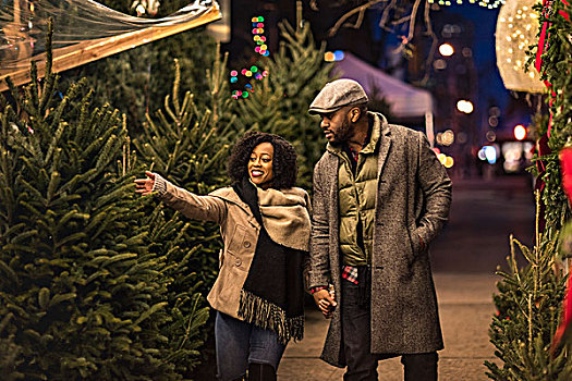 情侣,选择,圣诞树,圣诞市场,夜晚,纽约,美国