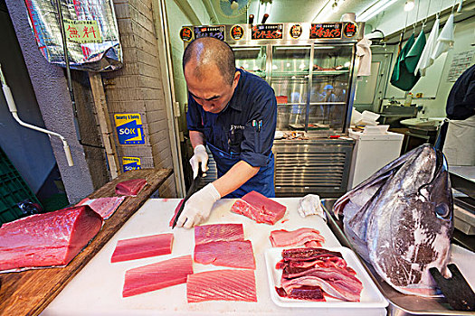 日本,东京,鱼贩,切片,金枪鱼