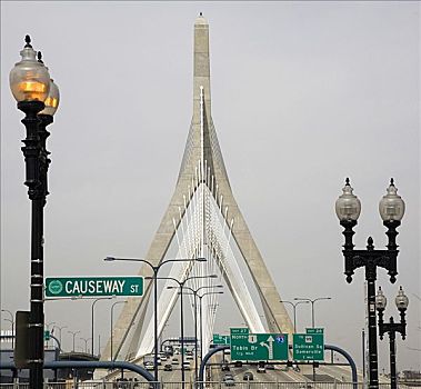 路灯,桥,山,波士顿,马萨诸塞,美国