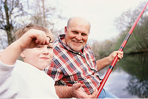 爷爷,孙子,钓鱼