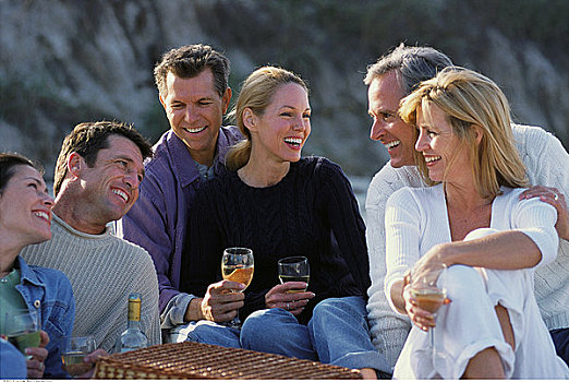 伴侣,坐,海滩,葡萄酒杯