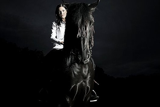 女青年,骑,黑色,马