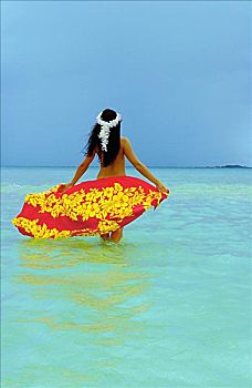 夏威夷,美女,女孩,穿,白色,拿着,智慧,红色,黄色,沙滩裙,站立,海洋,后面