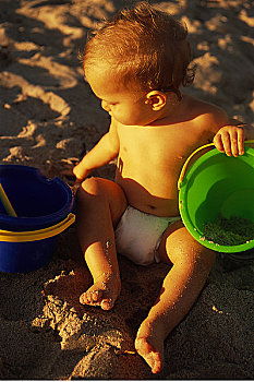婴护,海滩,玩,桶,铲