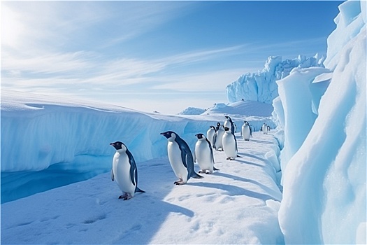 拦击南设德兰群岛冰面上一群排队迁徙的金图企鹅