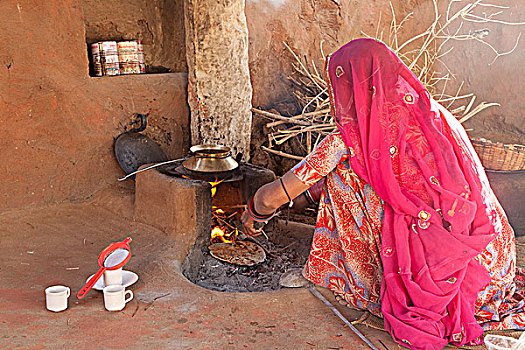 印度,拉贾斯坦邦,女人,传统服饰,烹调,火