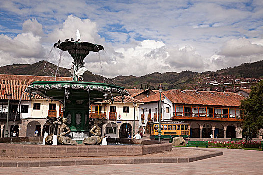 南美,秘鲁,库斯科市,喷泉,中心,世界遗产