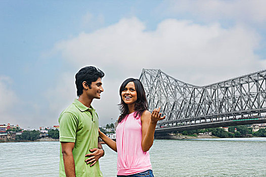 伴侣,微笑,桥,背景,河,加尔各答,西孟加拉,印度