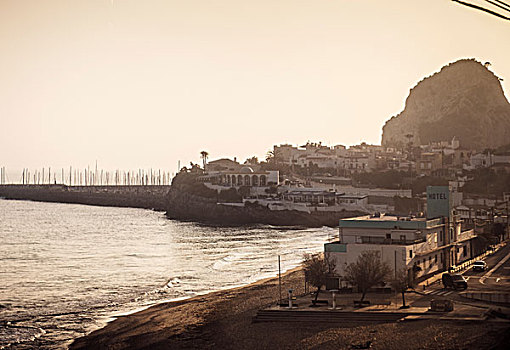 风景,海滩,海岸线,日落,巴塞罗那,西班牙