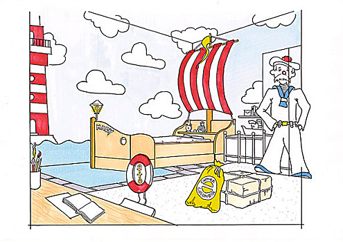 插画,帆船,床,木制模型,水手