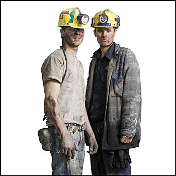 两个,矿,工人,头盔
