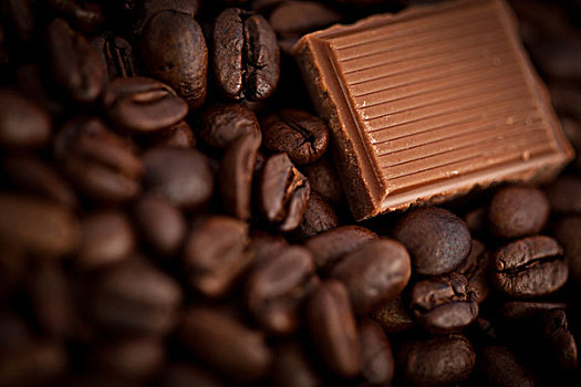 特写,巧克力块,咖啡,种子,一起