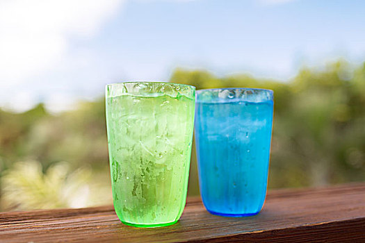 夏天,饮料,休假,概念,特写,两个,玻璃杯,感冒,水,上方,自然,背景
