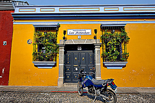 危地马拉,安提瓜岛,摩托车,正面,餐馆