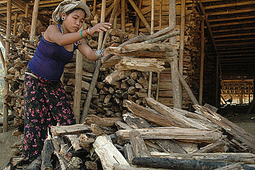 部族,女人,工作,旁侧,房子,孟加拉,二月,2007年